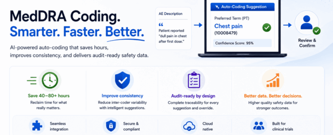 An infographic for Medigen Suite and Catchtrial® ELECTRONIC DATA CAPTURE promoting their AI-powered MedDRA coding software. Header and Main Value Proposition Logos: "medigen SUITE" and "catchtrial® ELECTRONIC DATA CAPTURE" are displayed side-by-side in the top-left corner. Headline: "MedDRA Coding. Smarter. Faster. Better." with "Smarter. Faster. Better." highlighted in a larger blue font. Subheadline: "AI-powered auto-coding that saves hours, improves consistency, and delivers audit-ready safety data." Visual Workflow Diagram A step-by-step visual process flows from left to right across the top half: AE Description: A text bubble reads, "Patient reported 'dull pain in chest after first dose.'" An arrow points to the next step. Auto-Coding Suggestion: A laptop screen displays the software interface, showing a suggested Preferred Term (PT) of "Chest pain (10008479)" with a Confidence Score of 95% and a green checkmark. An arrow points to the final step. Review & Confirm: A user icon with a green checkmark, indicating human verification. Key Benefits (Four Columns) Below the workflow, four key pillars are highlighted with descriptive icons: Save 40–80+ hours (Clock icon): "Reclaim time for what really matters." Improve consistency (Shield checkmark icon): "Reduce inter-coder variability with intelligent suggestions." Audit-ready by design (Clipboard checklist icon): "Complete traceability for every suggestion and override." Better data. Better decisions. (Rising bar graph icon): "Higher quality safety data for stronger outcomes." Product Features & Footer A row of four smaller icons at the bottom lists core features: Seamless integration (Puzzle piece icon) Secure & compliant (Padlock shield icon) Cloud native (Cloud checkmark icon) Built for clinical trials (People/users icon) Footer Banner: A dark blue bar spans the bottom with a star icon on the left reading, "Code smarter. Work faster. Deliver better outcomes." On the right, a bright green button reads, "Learn more at www.medigensuite.com >".